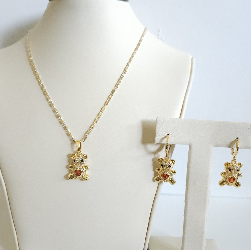 Cute teddy bear necklace and earrings set sparkly gold plated